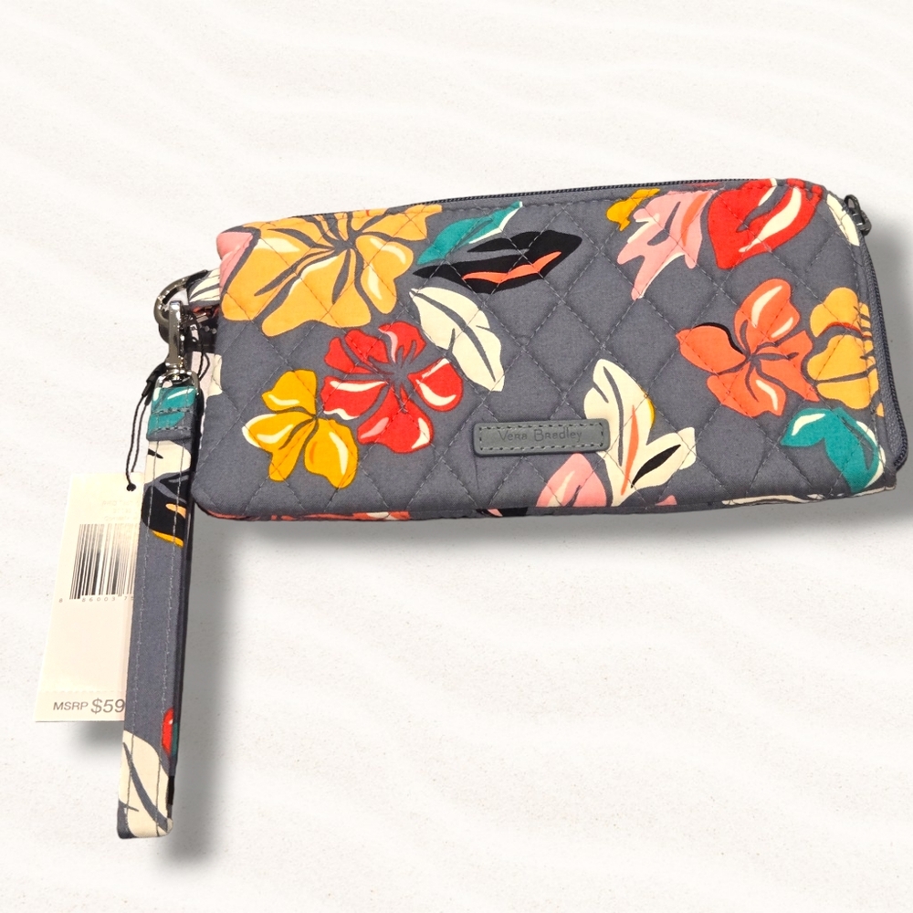 VERA BRadley rfid tech Zip ID card wallet wristlet Grey coastal paradise